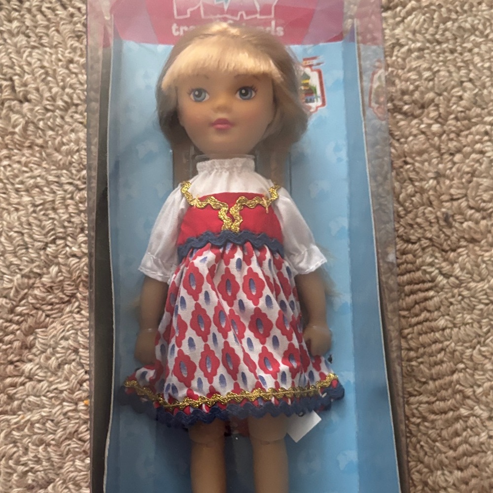 Madame Fashion Play Travel Russia Doll Red, White & Blue Patterned Dress